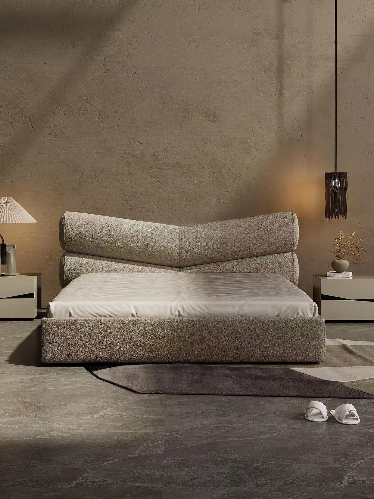 Wabi-sabi style minimalist floor-to-ceiling bed, small apartment lamb wool fabric, 1.8 meters double bed, light luxury