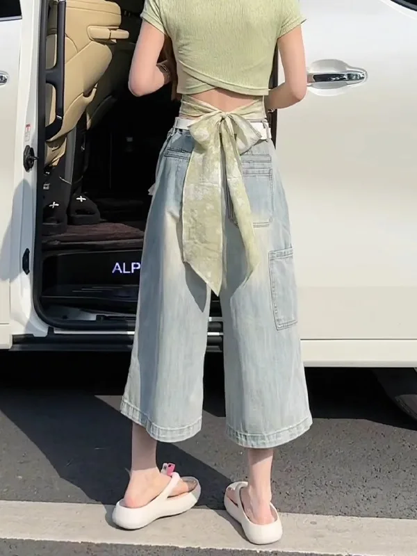 

American Style Ripped Denim Seven-Foot Pants Women Summer plus Size Loose High Waist Wide Leg Pants Casual Blue Jeans