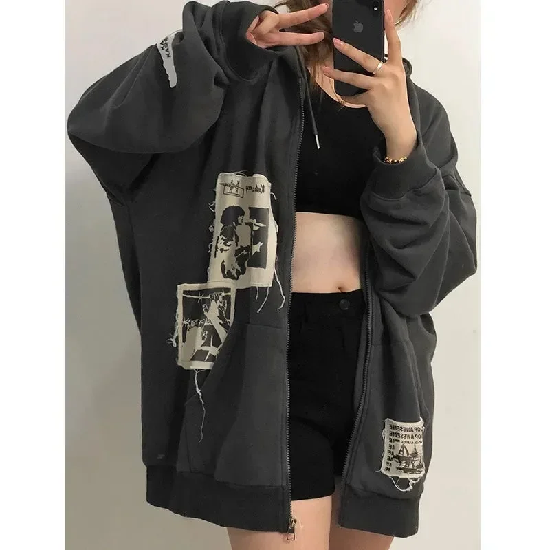 Gothic Hoodie Jackets Women Harajuku Oversized Zipper Jacket Autumn Winter Vintage Loose Hooded Sweatshirts Y2k Streetwear