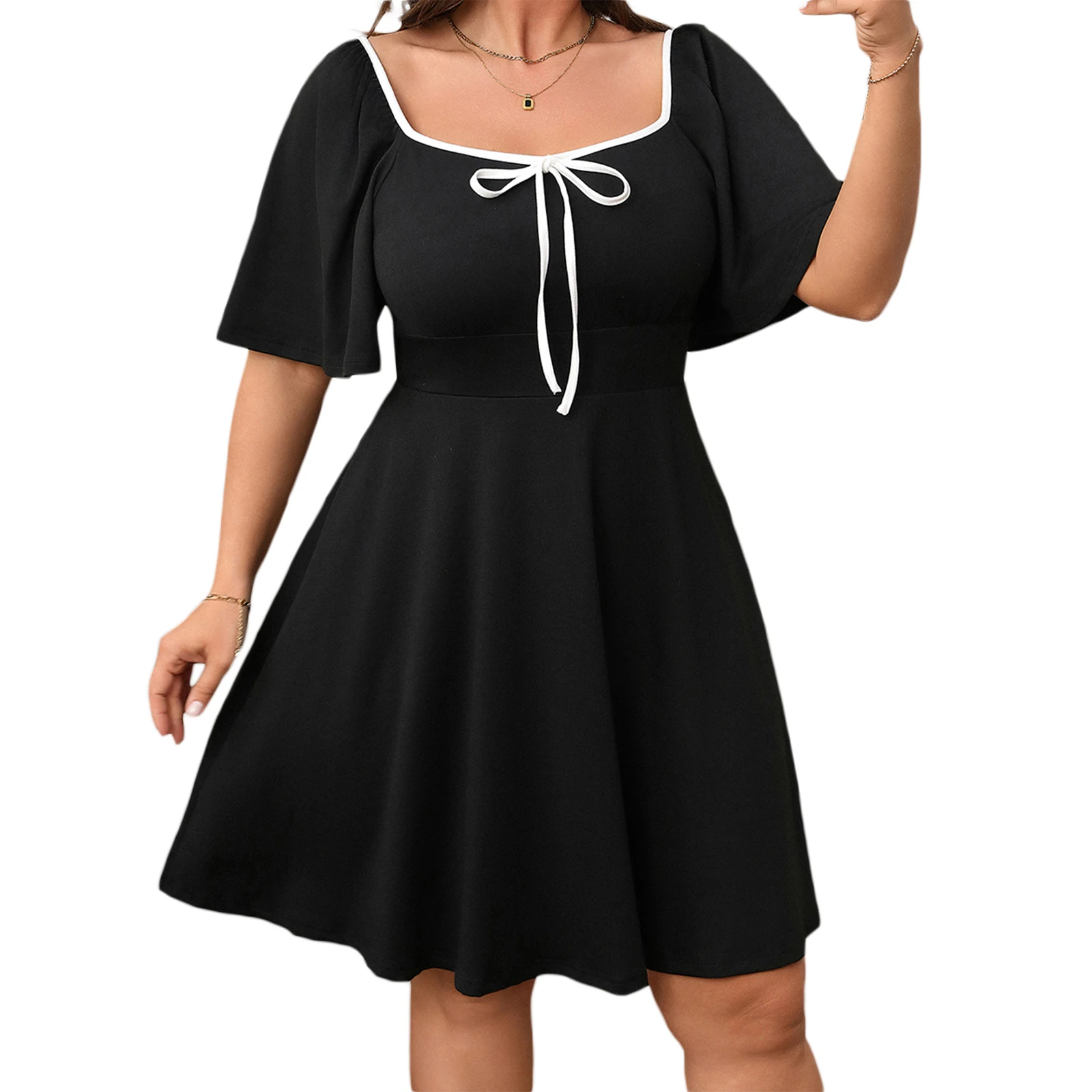 Women Short Sleeve Dress Casual Summer Contrast Color Bow Plus Size Party Dress for Cocktail Streetwear