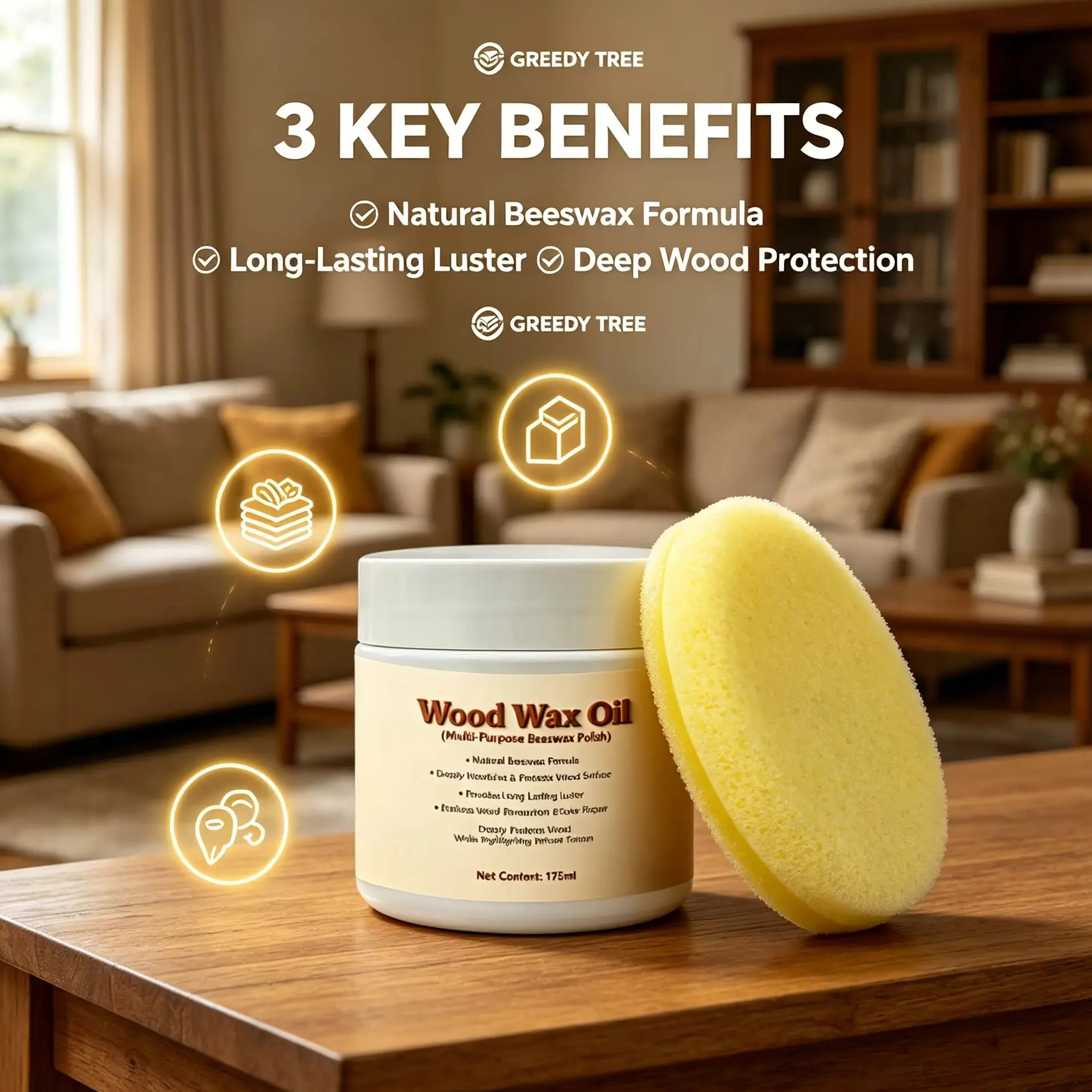 

175mL Wood Wax Oil Natural Beeswax Polish Deep Nourish Protect Wooden Furniture Floors Restore Long-Lasting Luster with Sponge &