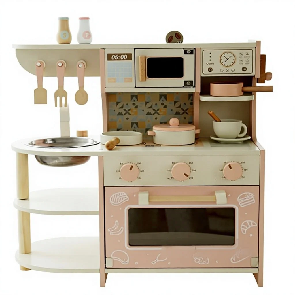 Kindergarten Children's Wooden Kitchen Toys Set Cooking Games Toy For Boys Girls' Birthday Gift With Stove And Coffee Machine