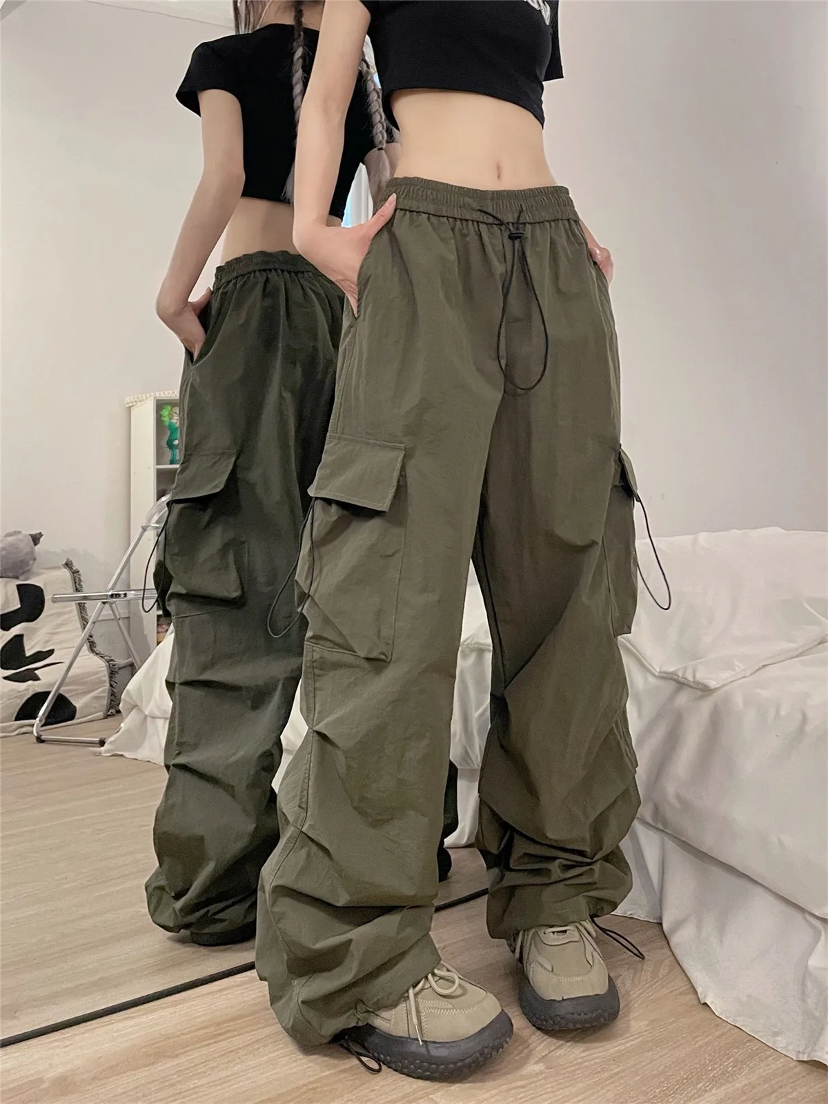 Pantalones Cargo rectos verde militar para mujer, pantalones lisos Mori, pantalones góticos sueltos, Hip Hop, Ulzzang, rojo, fresco, Verano