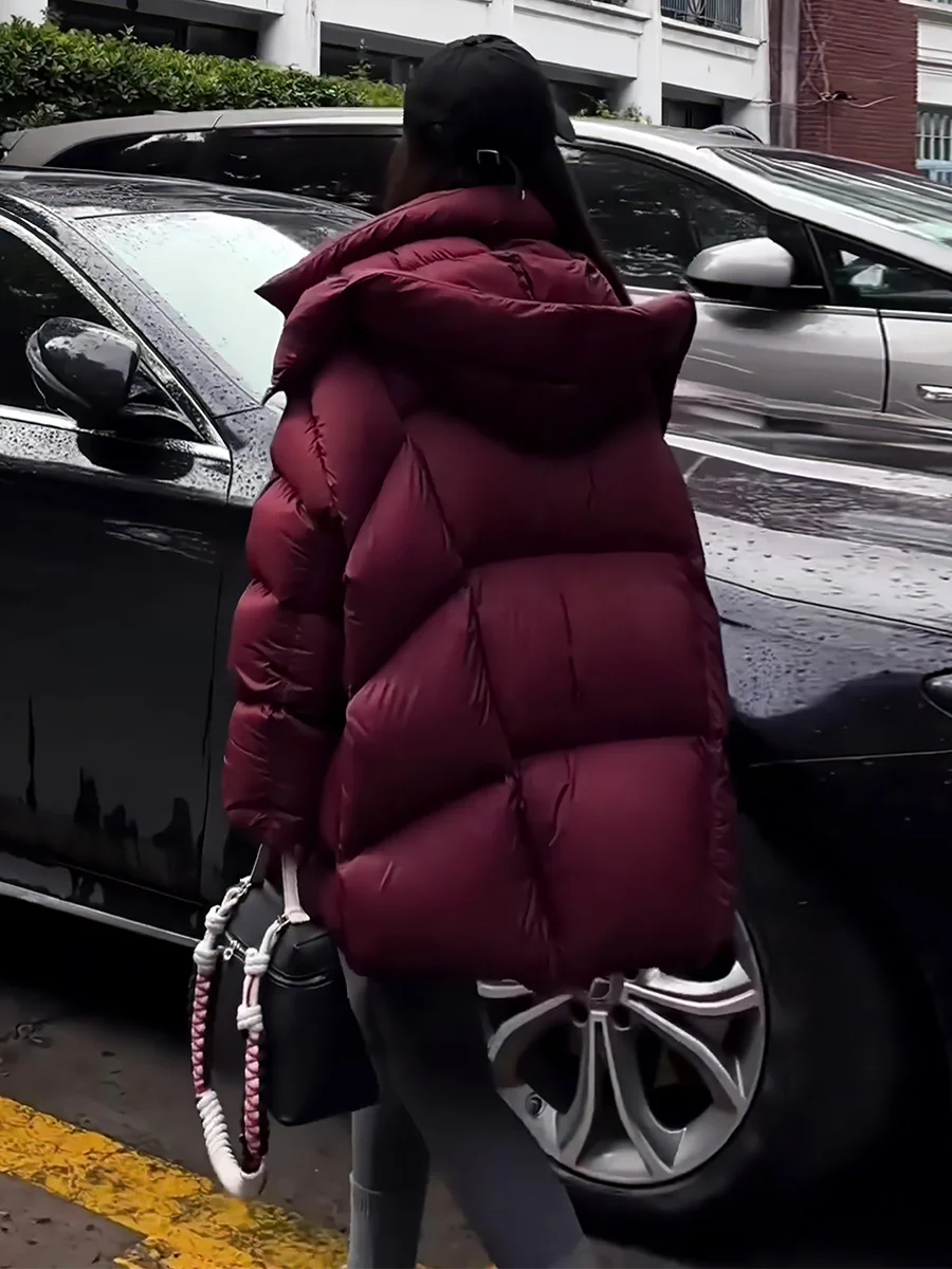 

Angola Red White Du down Jaet Women's Winter New Small Size Mid-Length Hooded Bread Sle Faionable Casual Loose Fit