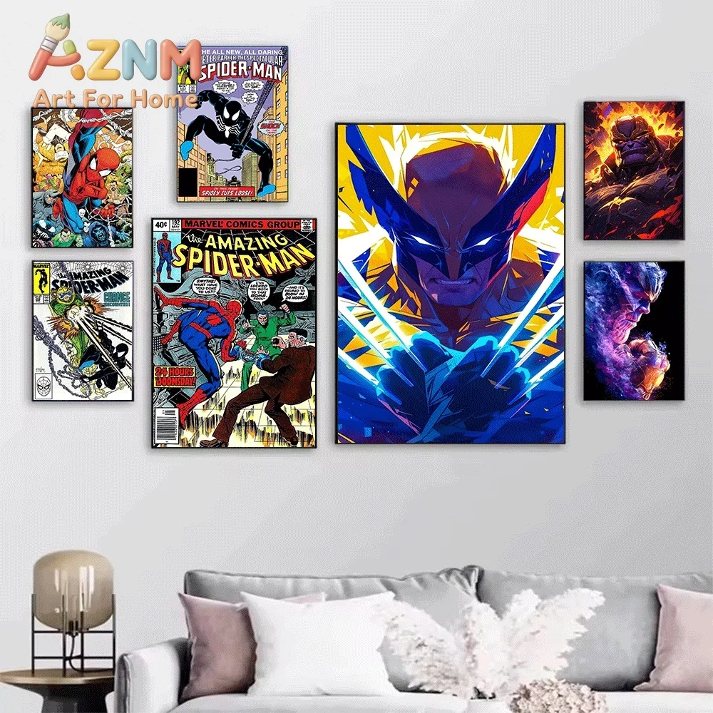 Marvel Superhero Canvas Wall Art Iron Man Spider Man Wolverine Thanos No Frame Canvas Painting Home Bedroom Decor Poster Gift