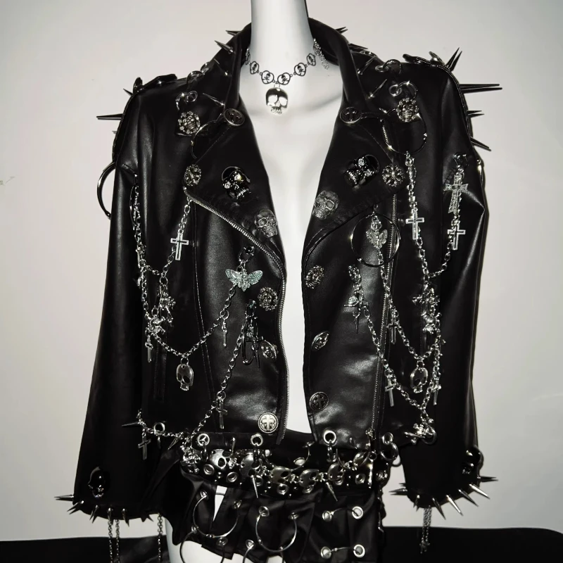 Original Design Punk Rock Sweet Cool Women's Clothing Coat 2025 Autumn New Gothic Heavy Rivet Chain Unisex Black Leather Jacket