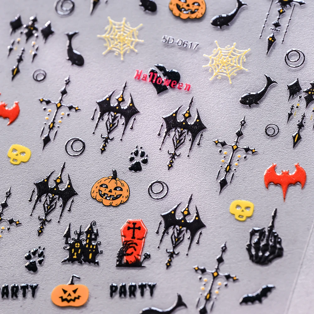 1pcs Dark Horror Skull Pumpkin Head Nail Decals Black Bat Spider Ghost Face Halloween Nail Stickers Halloween Nail Decals Supply