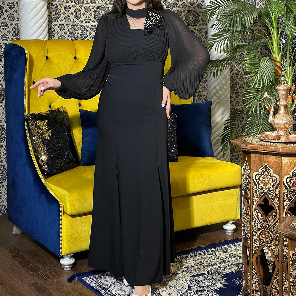 

Customized A-line Evening Dresses Ankle-length High-neck Full Sleeve Prom Gown Fashion Crystal Pleat Simple Draped Party Gown