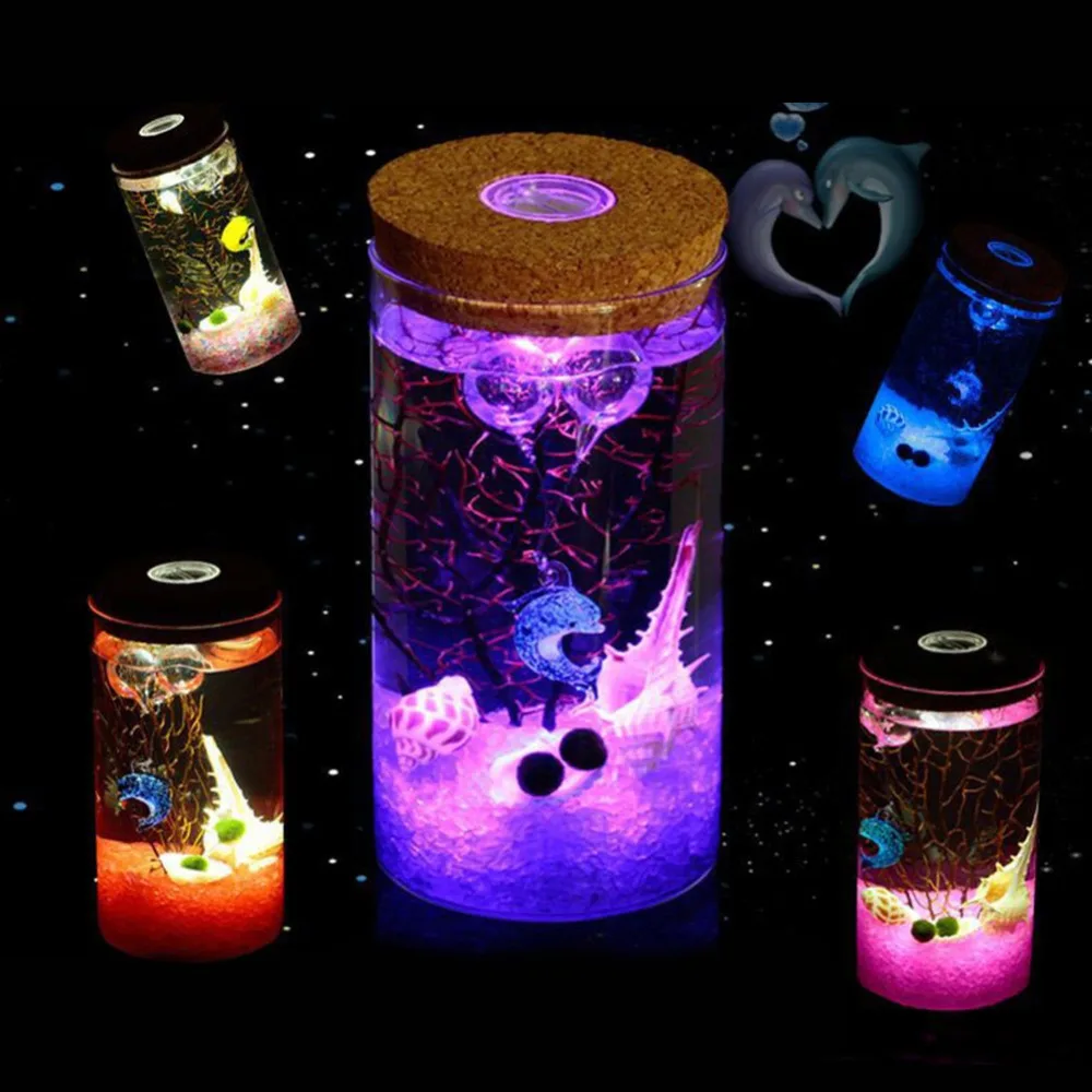 Hot Creative  Colorful 12cm Glass Bottle Jar LED Terrariums Wish Bottle Night Light Aquarium Glass Bottle Night Light#264311