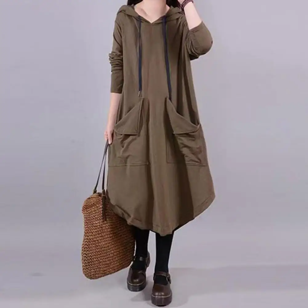 

Women Autumn Dress Loose Hooded Solid Color Drawstring Long Sleeves Warm Mid-length Casual Plus Size Spring Dress Female Clothes