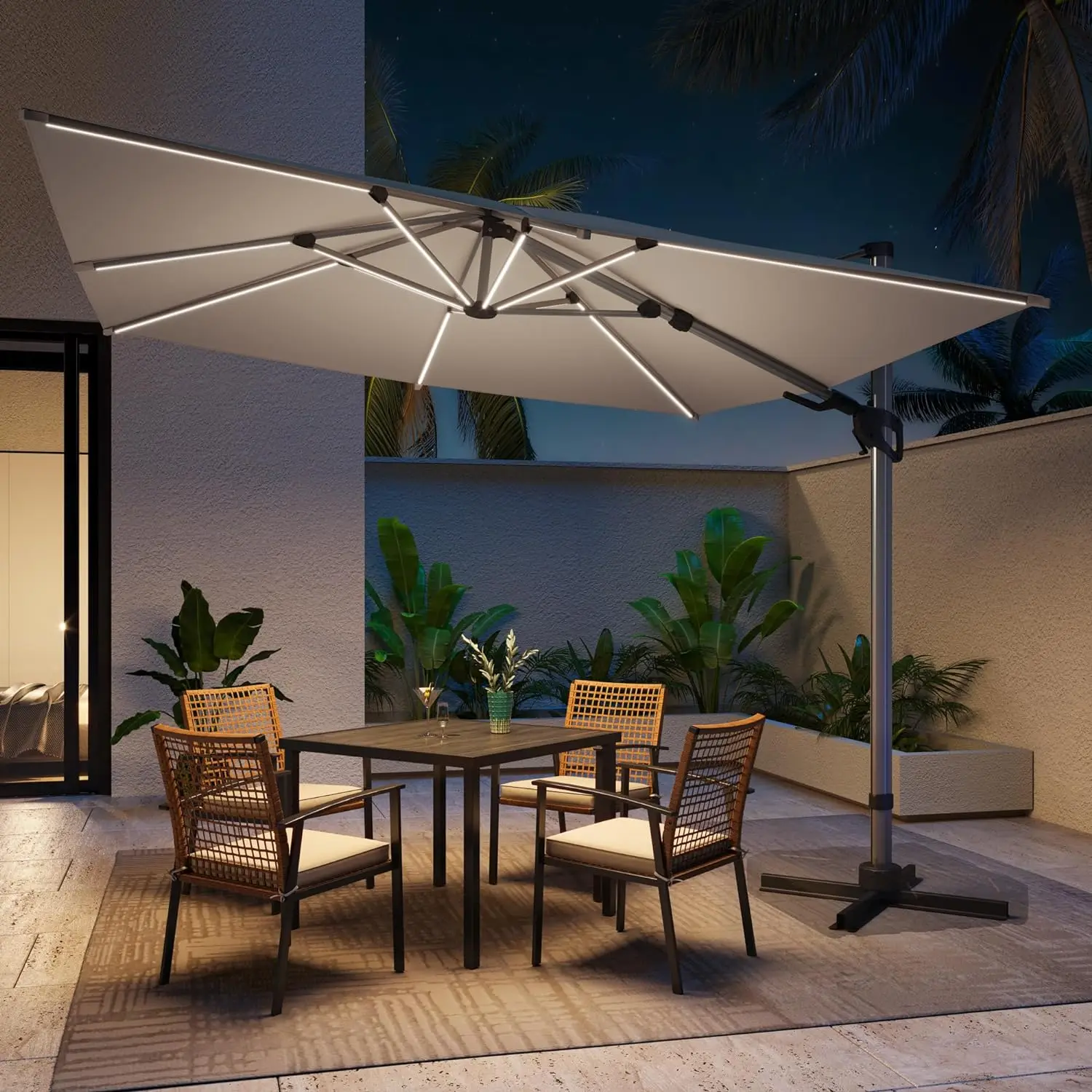 

Outdoor Patio Umbrella with Solar Lights, 10 FT Large Cantilever Umbrella Windproof Offset Patio Umbrellas for Garden,Backyard