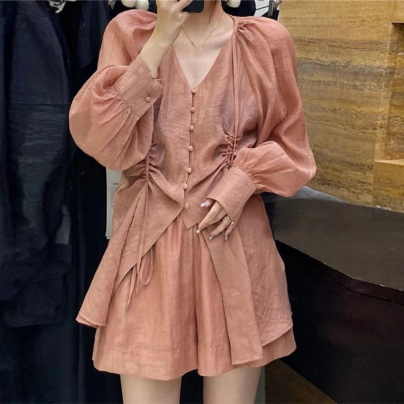 2 Pieces 2024 Spring Summer Korean Fashion Women High Waisted Wide Leg Shorts Set , Woman Casual Beige Shirt Sets