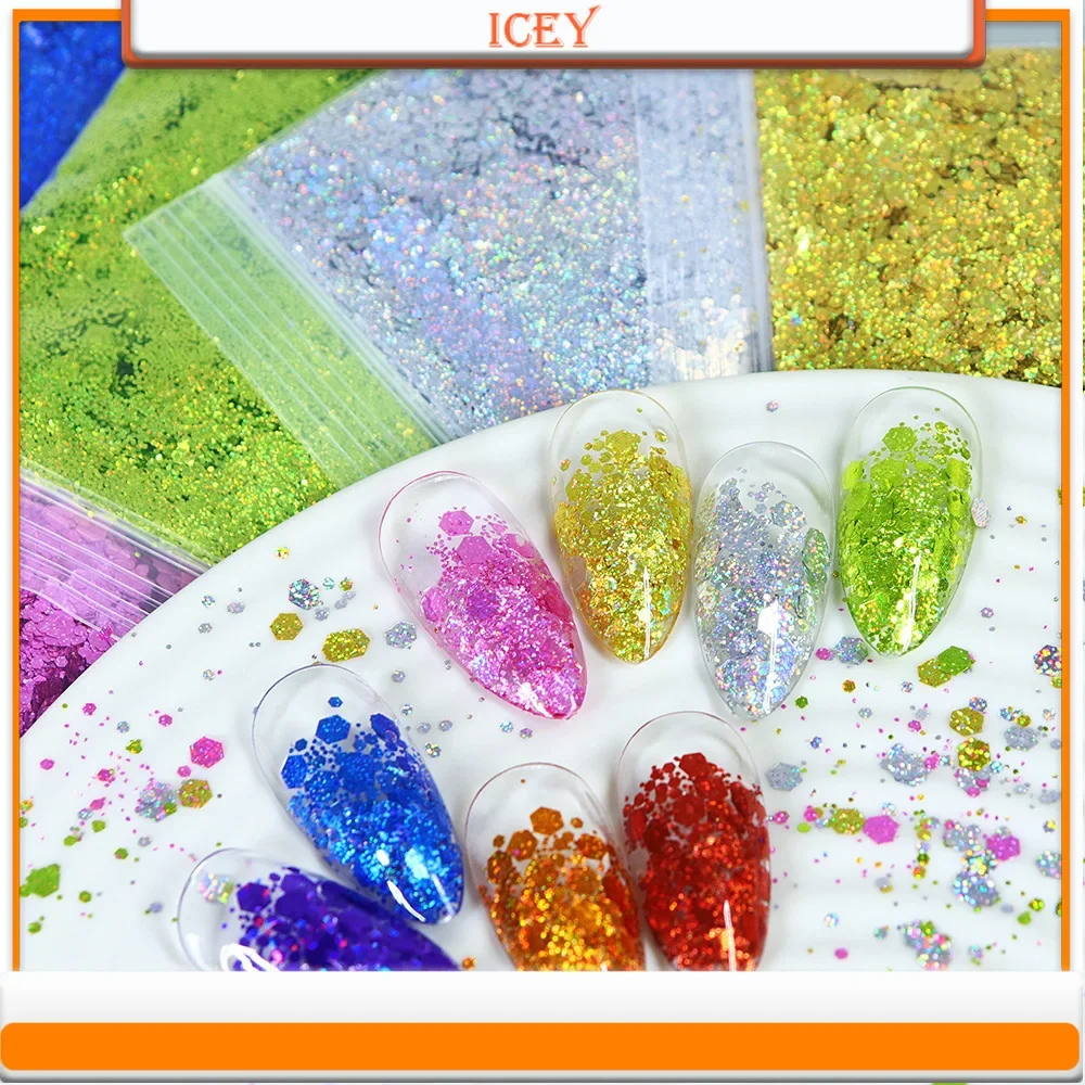 Icey Beauty 10g Bagged Explosive Flash Radium Shooting Star Point Nail Glitter Colorful Hexagonal Nail Glitter Accessory