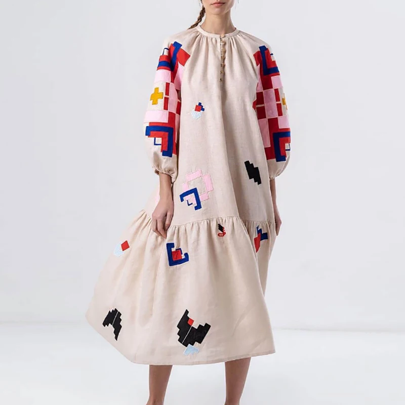 

Fashion Pleated Party Long Dress New Autumn Women O-neck Button Loose Dress Casual Lantern Sleeves Pleated Bohemian Dress Mujer