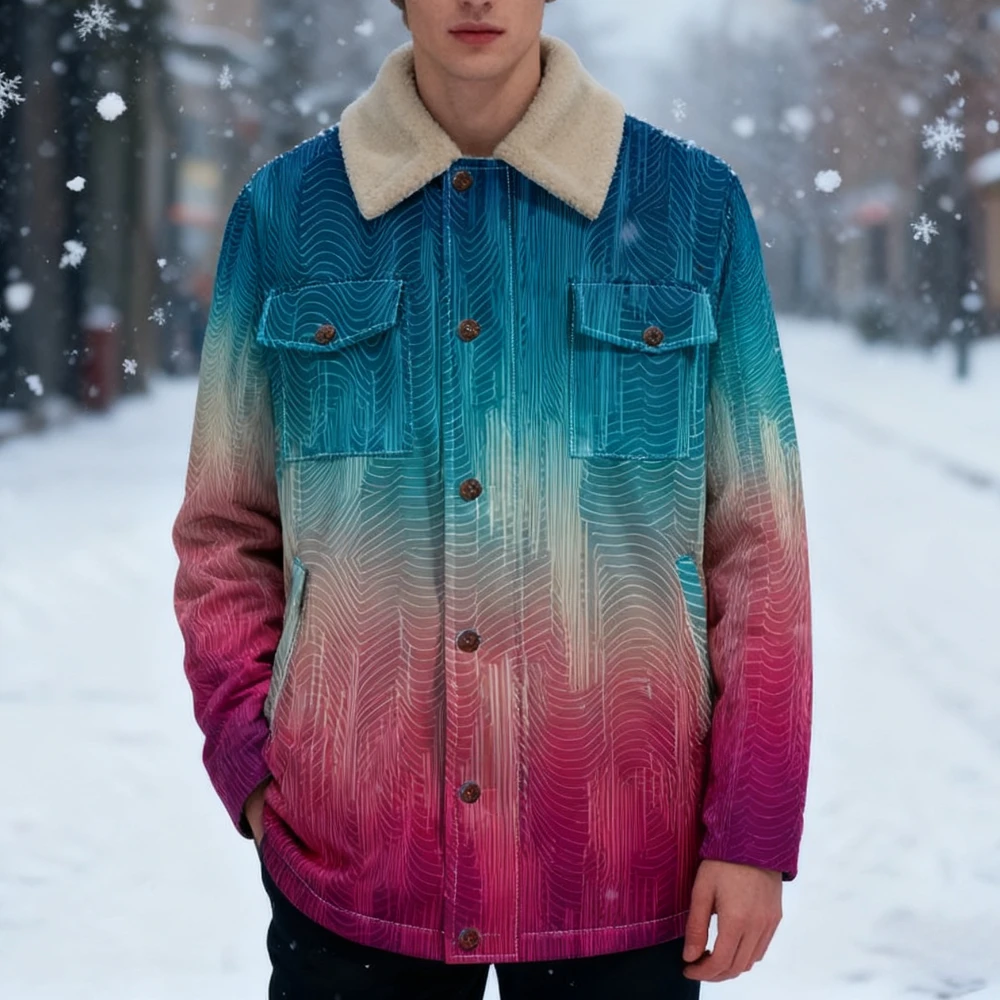 

Men Artistic Gradient Jacket Vintage Color Block Coat with Sherpa Collar Asymmetric Sleeve Design Streetwear Fashion Outerwear