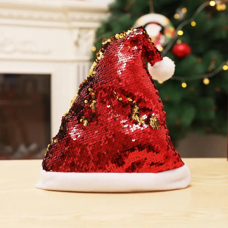Christmas Sequin Hat for Adults Solid Color Sparkle Santa Cap with Bow Party Christmas Home Decor