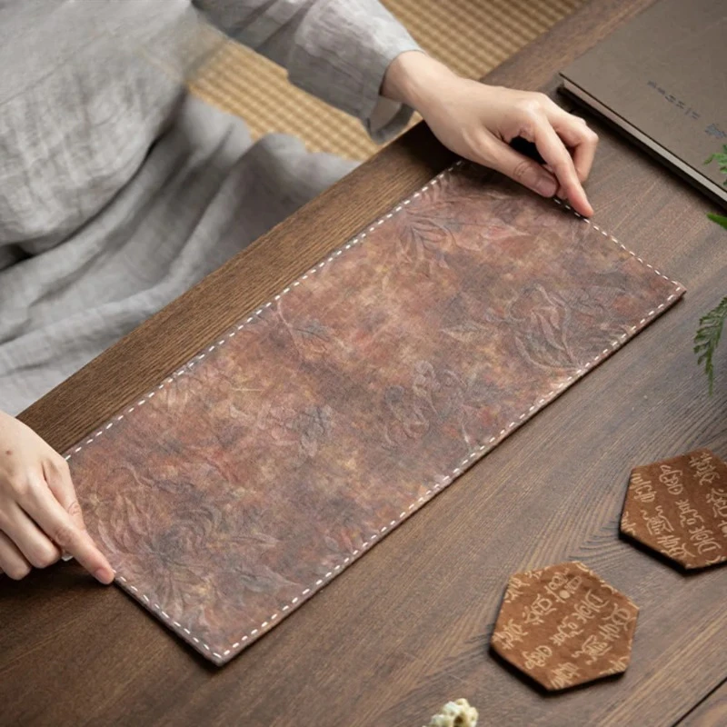 

Ancient Hand Sewn Silk Flax Tea Table Mats Boutique Tang Colored Pattern Drink Coaster Dinner Table Cloth Mat Rag Teaware Craft