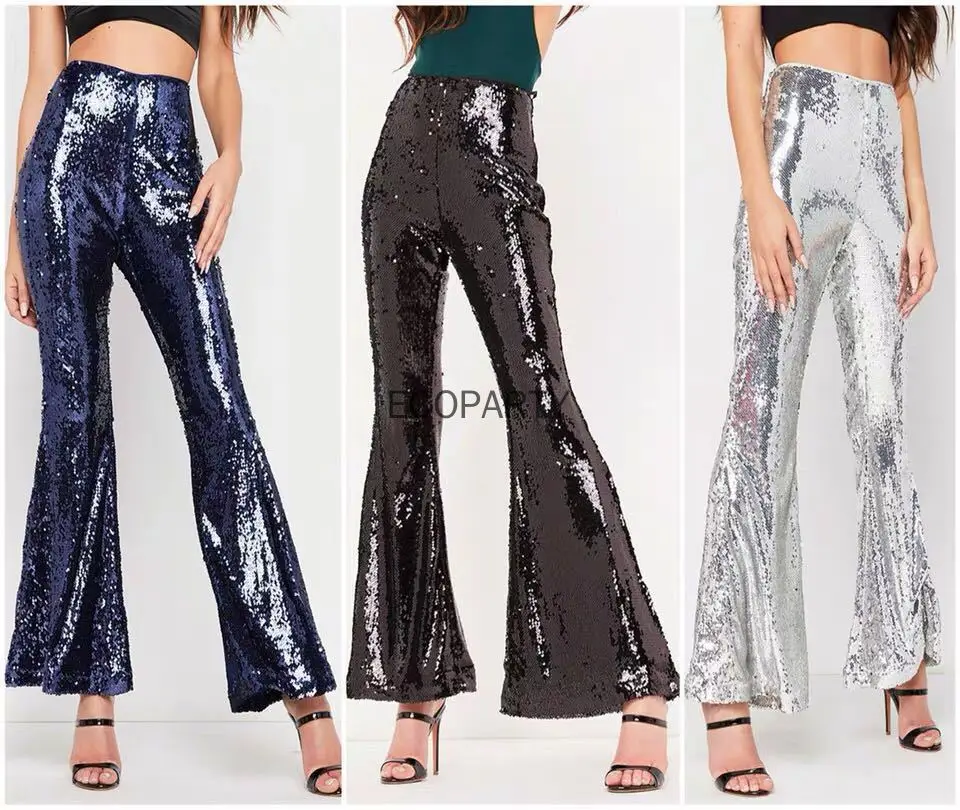 

Women's Sequin Glitter Flare Pants Sequin Trousers for Female Party Slim High Waist Bell Bottom Long Pants Y2K Wide-Leg Pant