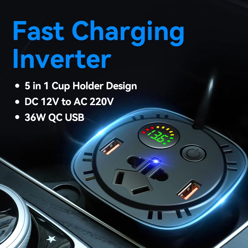 Car Inverter DC 12V to AC 220V 150W Auto Converter QC USB Fast Charging Charger EU Socket Power Adapter Inversor Voltmeter On/Of