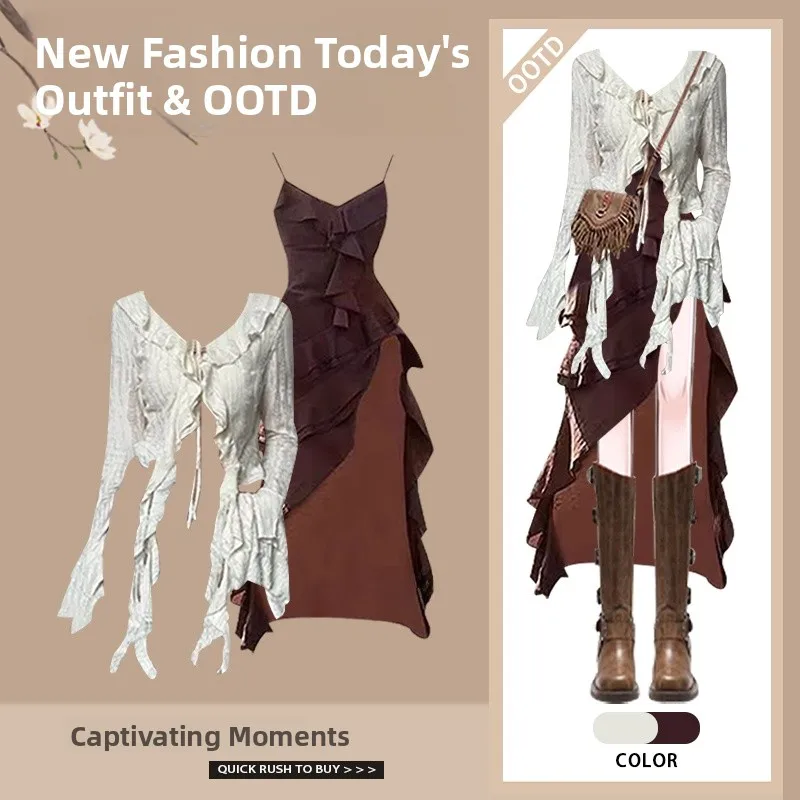 

Весенне-осенний женский модный комплект, винтажный комплект с разрезом на бретельках Dr, комплект из двух предметов, длинный свеч V Ne Other, повседневная одежда из 00% материала