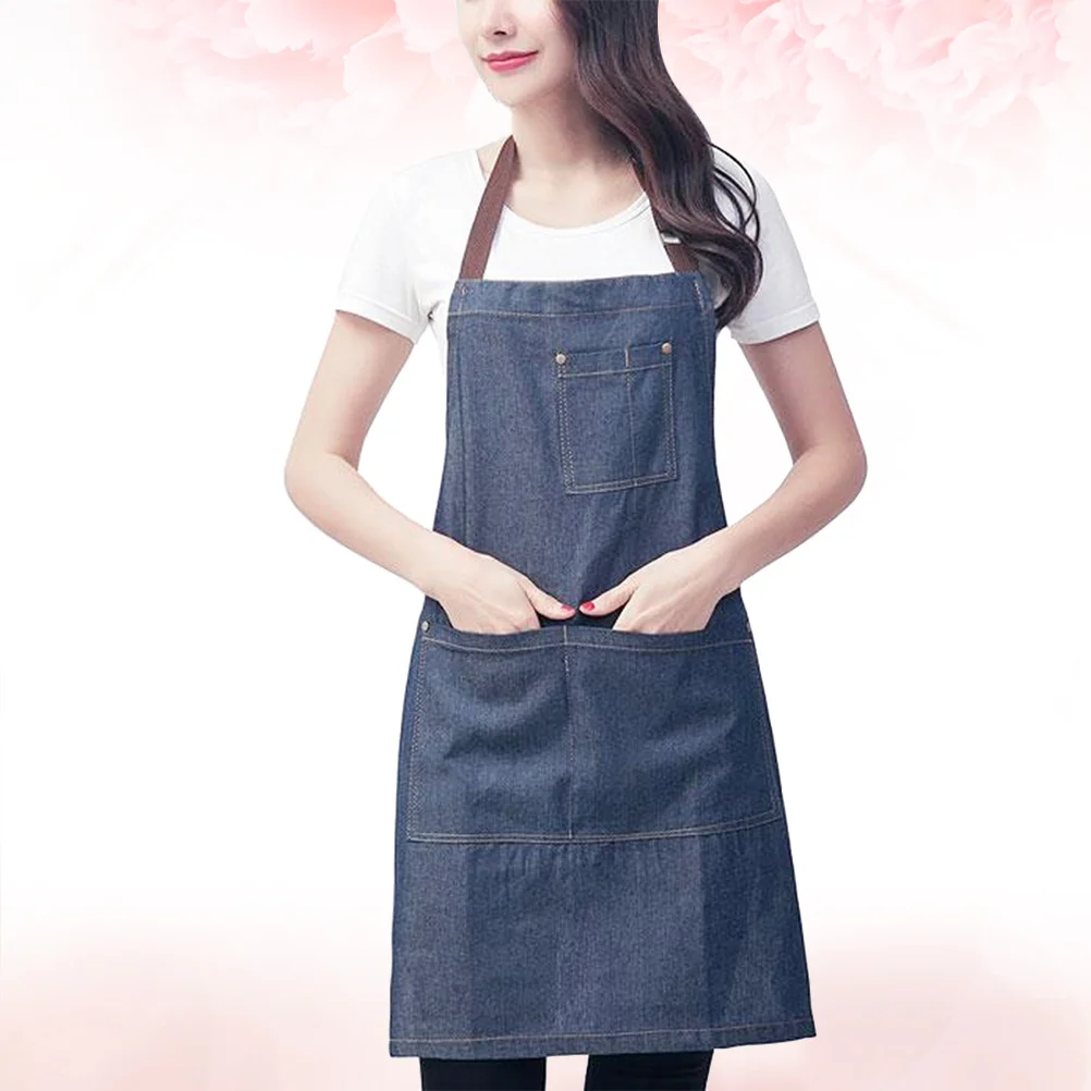 

Denim Jean Apron Heavy Duty Adjustable Neck Strap Utility Pocket Apron for Cooking Salon Hotel Jean Cooking Bib