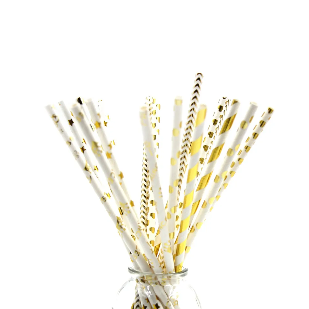 100Pcs Gold Paper Straws Colored Foil Striped Star Dot Wave Patterns Party Decoration Biodegradable Paper