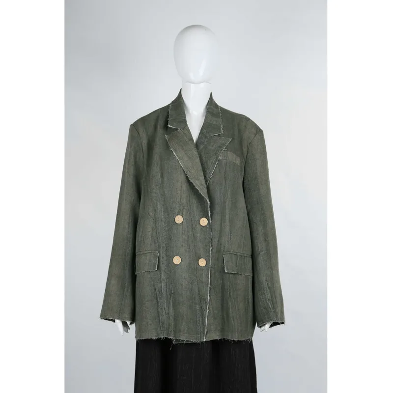 KWTX 여성 캐주얼 더블 브레스트 블레이저 그린 옹브레 옷깃 빈티지 로우 에지 우아한 디자이너 SS25 패션