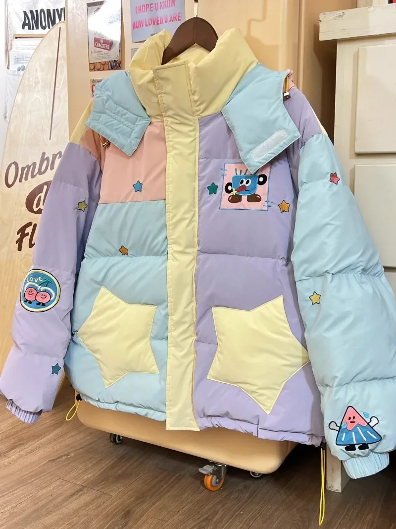 Japanese Winter Three-proof Fabric Original Cartoon Macaron Contrasting Color Embroidery Sweet White Hooded Down Jacket Women