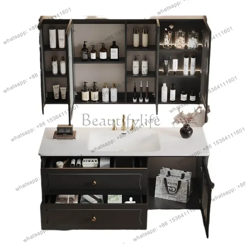 French vintage bathroom cabinet solid wood floor-to-ceiling washbasin slate hot bending