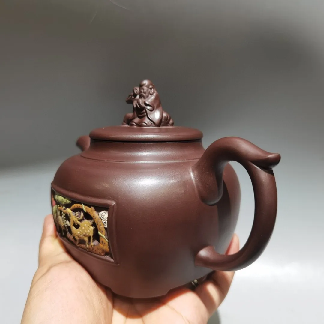 Raw purple clay Painted hollow-out Sika deer pattern Cover of Longevity Star Deer Statue Four sided teapot Teapot Pot Tea Maker