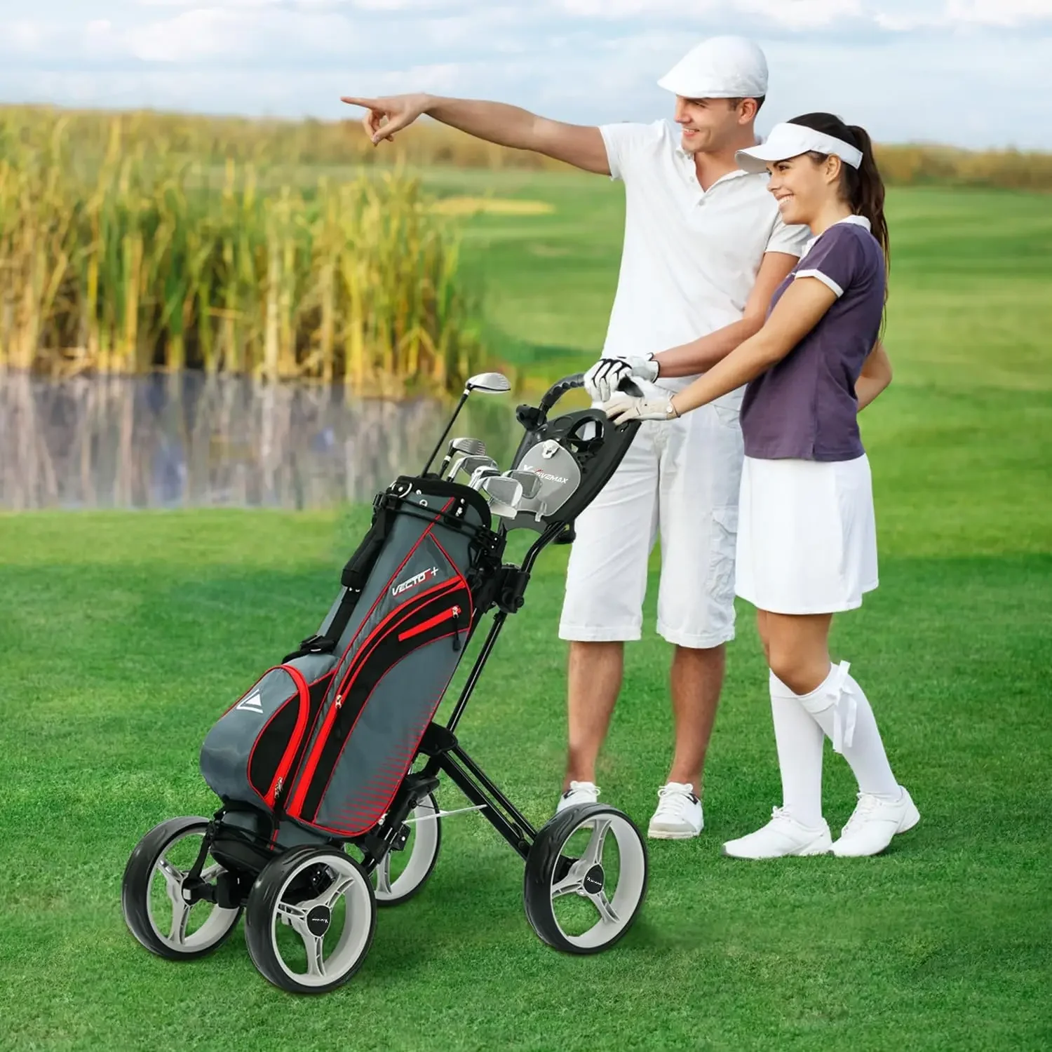 4 Wheel Golf Push Cart, One-Click Folding  Trolley Lightweight  Bag Pull Cart Caddy for  Clubs