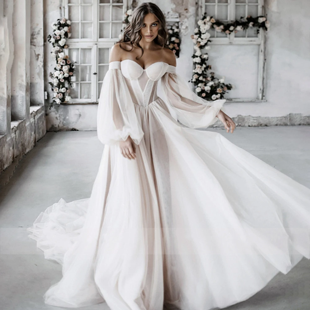 Boêmio uma linha vestido de casamento puff sleeve querida fora do ombro vestido de noiva para mulher robe de soirée de mariage split fenda