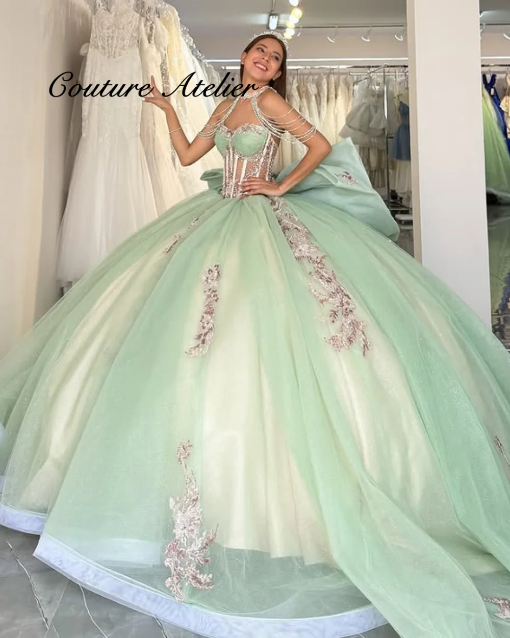 

Fascinating Sage Green Off The Shoulder Beaded Corset Quincenara Dress Bow Tulle Ruched Wedding Dresses Luxury 2024 Customized