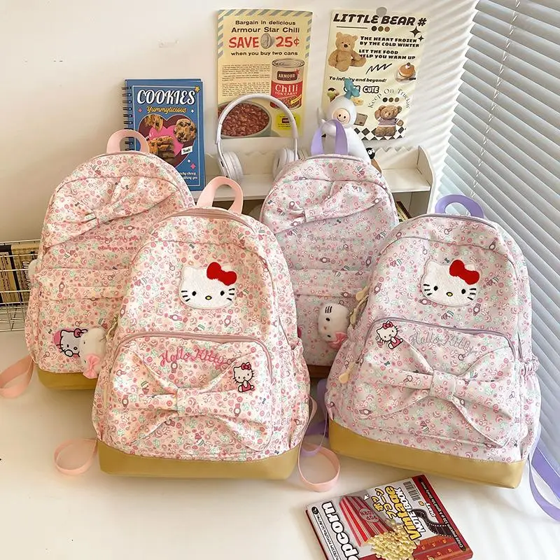 Sweet Japan Animes Sanrios Backpack Cartoon Hello Kitty Floral Bow Girls Nylon Fabric Large Capacity Student Commuting Versatile