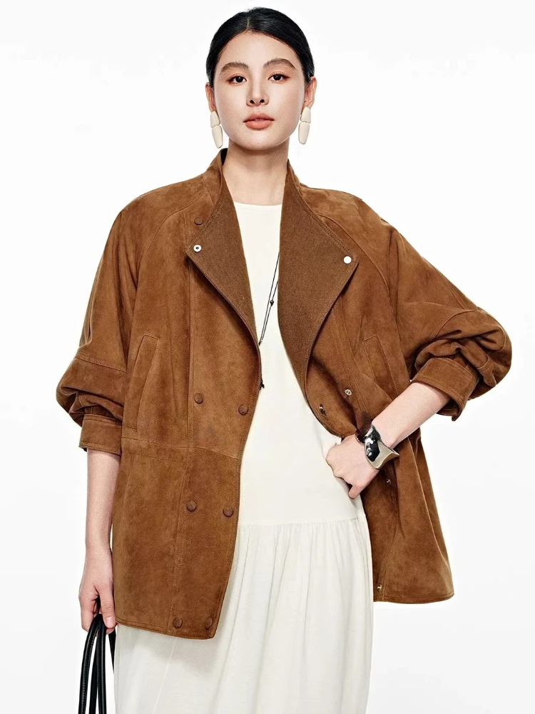 

Vintage Genuine Leather Jacket Women Spring Autumn High-end Simple Adjustable Waist Design Stand Collar Real Goatskin Suede Coat