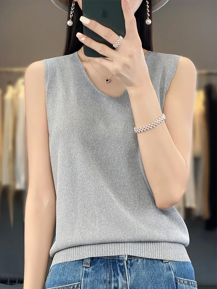 Women Causal Summer Ice Silk Pullover Loose Thread Solid Fashion Tank Tops Sleeveless Outer Wear Basic Versatile Camisole D330