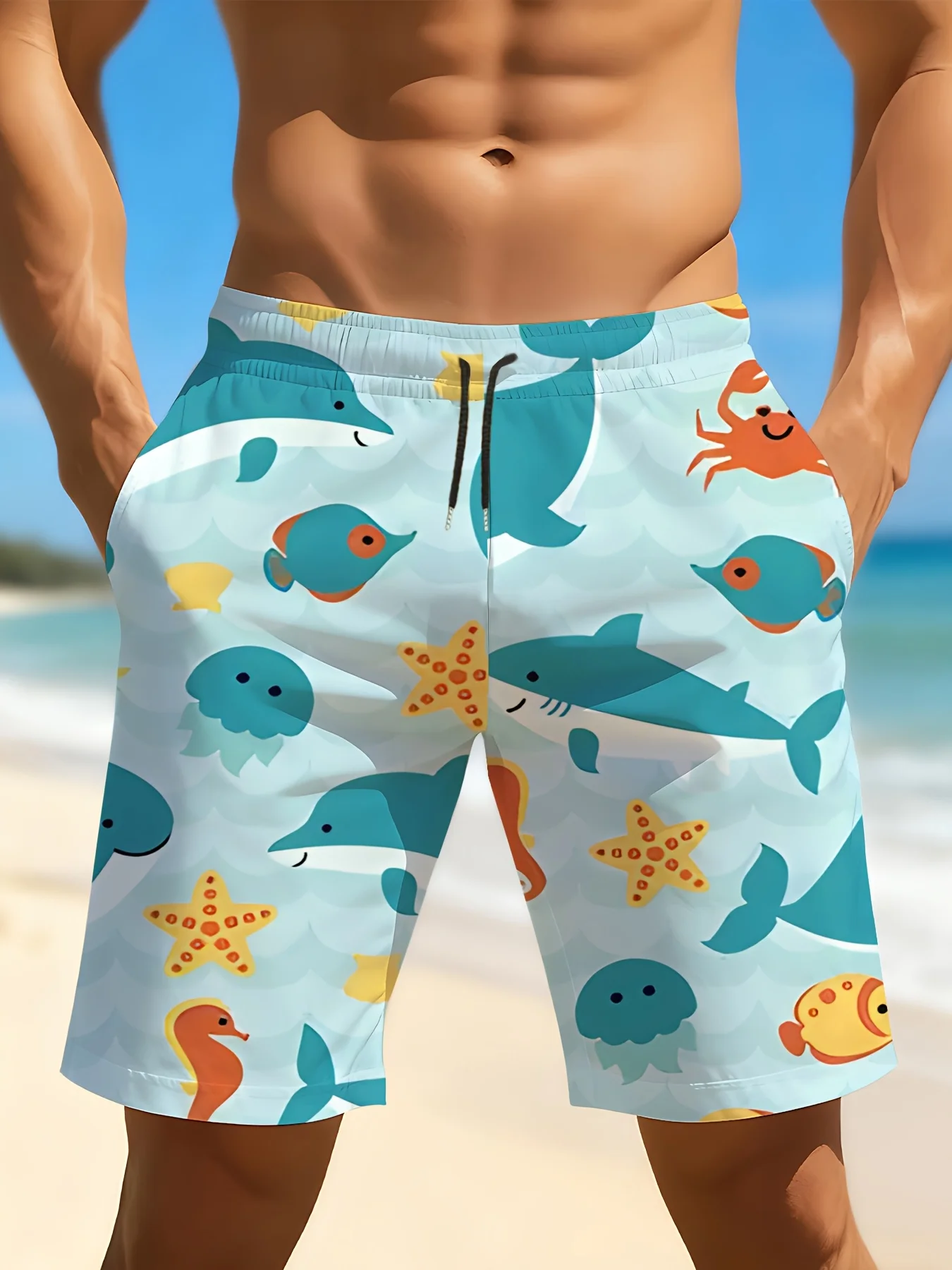 

Men's Cartoon Marine Life Print Beach Shorts Dolphin Shark Starfish Drawstring Waist Quick Dry Swim Trunks 2026