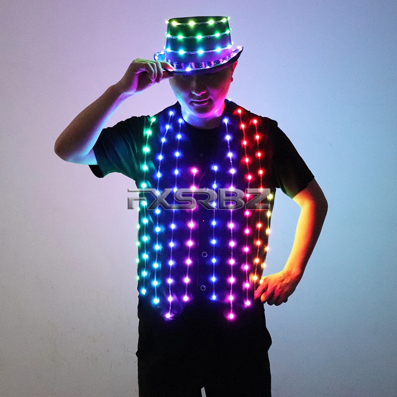 Full Color LED Vest And Hat Fashion Senior Host Glowing Costume Suit DJ Singer Dancer Performer Stage Luminous Jacket