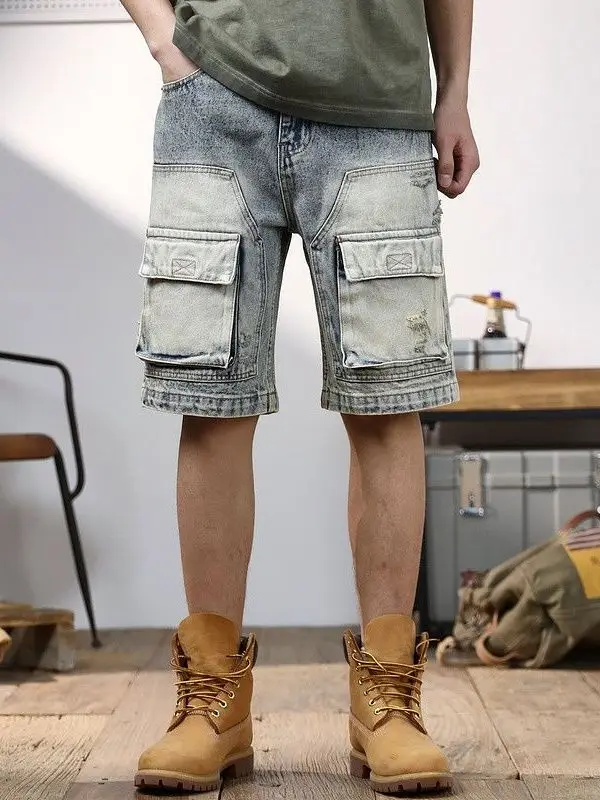 

Men's Workwear Ripped Straight Leg Jeans orts Summer American Retro Five Sixed Six Sixed Pants 2025 New Sle Casual Wear