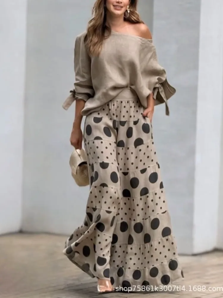 New Casual Set Fashion High Street Outfits Casual Diagonal Neck Hollow Nine-quarter Top Loose Polka Dot Printed Leg Pants Suit