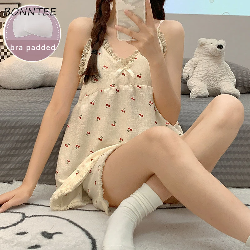 

Pajama Sets Women Kawaii Printed V-neck Camisole Shorts 2 Pieces Japanese Style Girlish Age-reducing with Chest Pad Sleepwear
