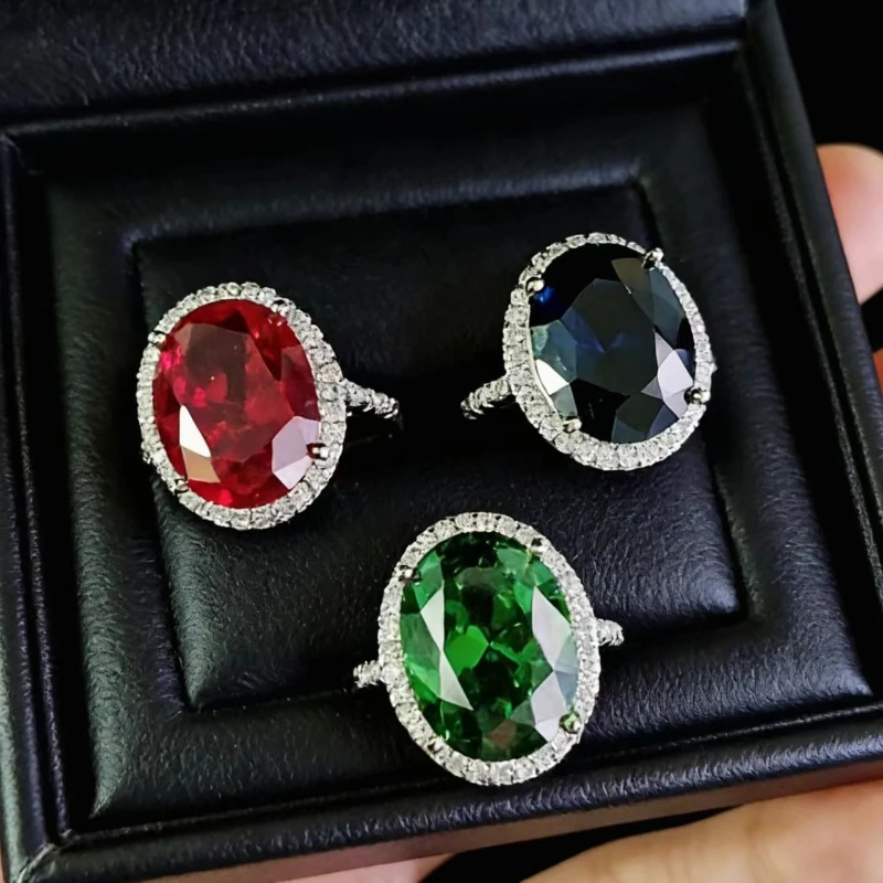 Retro Design Red, Green and Blue Sapphires - Large Oval Colored Gemstone Diamond Border Engagement Ring- Women Evening Accessory