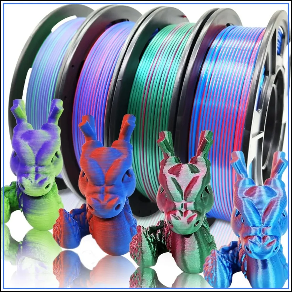 4x250g Dual Color PLA Filament Pack - Matte & Silk Red/Blue, Purple/Green for 3D Printer
