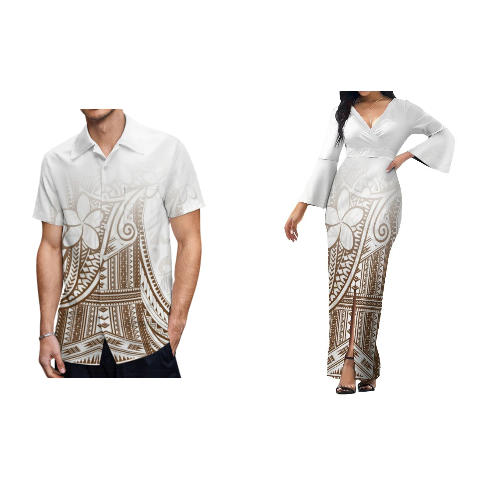 

2024 Custom Women'S Elegant Dress Samoa Polynesian Tribe Designed High Slit Dress With Men'S Shirt Couple Suit