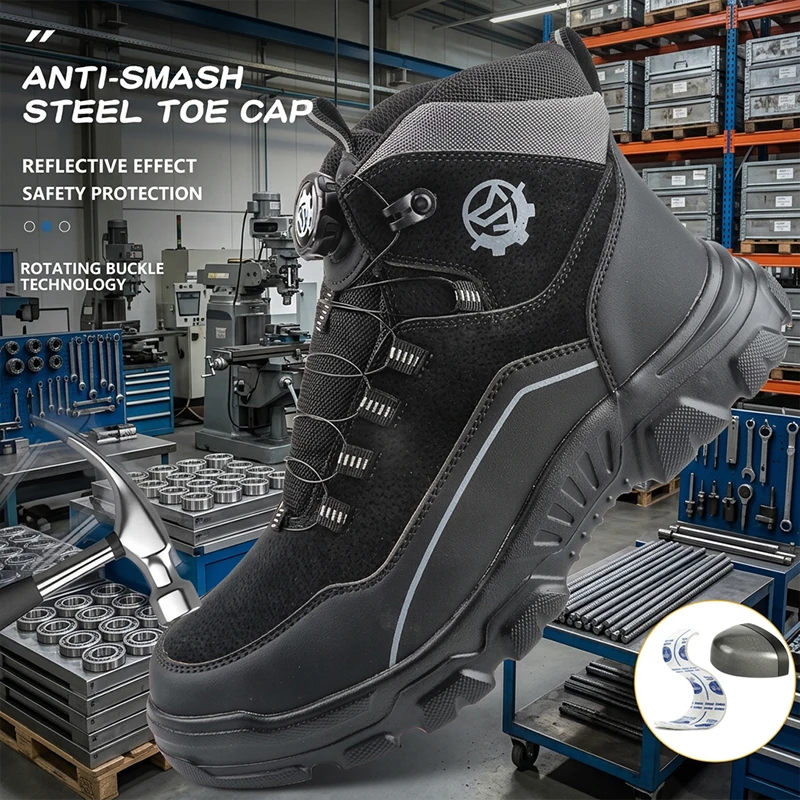 Knob buckle safety shoes, protective shoes, mining boots, work shoes, anti smashing and anti piercing glass processing, garden