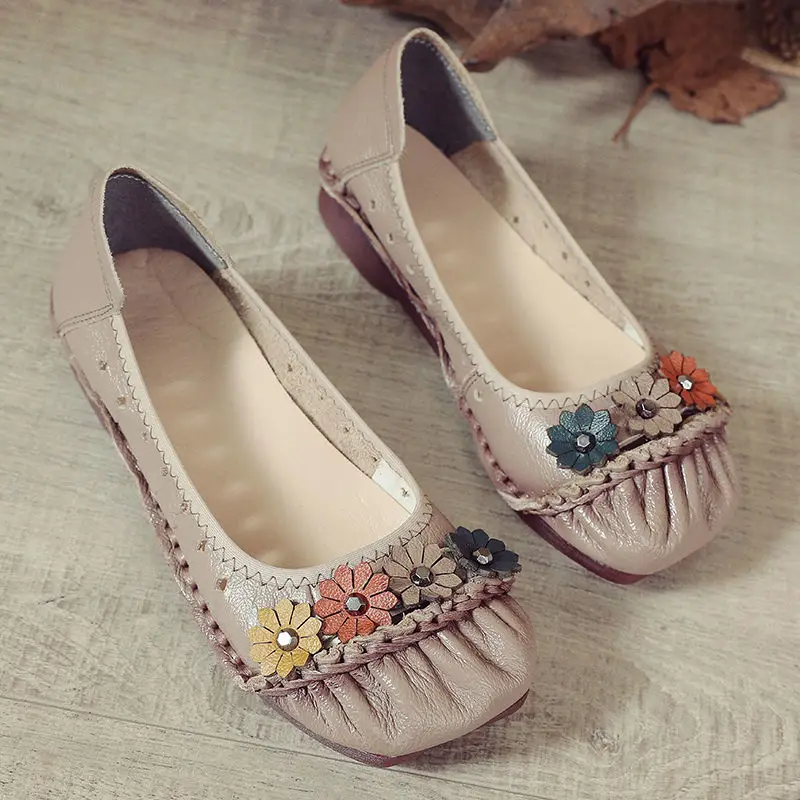 Plus size 42 Square Toe Retro Floral Flats Woman Sewing Cutout Shallow Loafers Genuine Leather Breathable Shoes Womens Moccasins