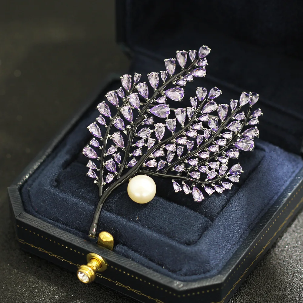 Light Luxury Purple Zircon Tree Branch Pearl Brooch Retro Plant-based Jewelry Coat Suit Decoration Accessories Pin for Women view 2