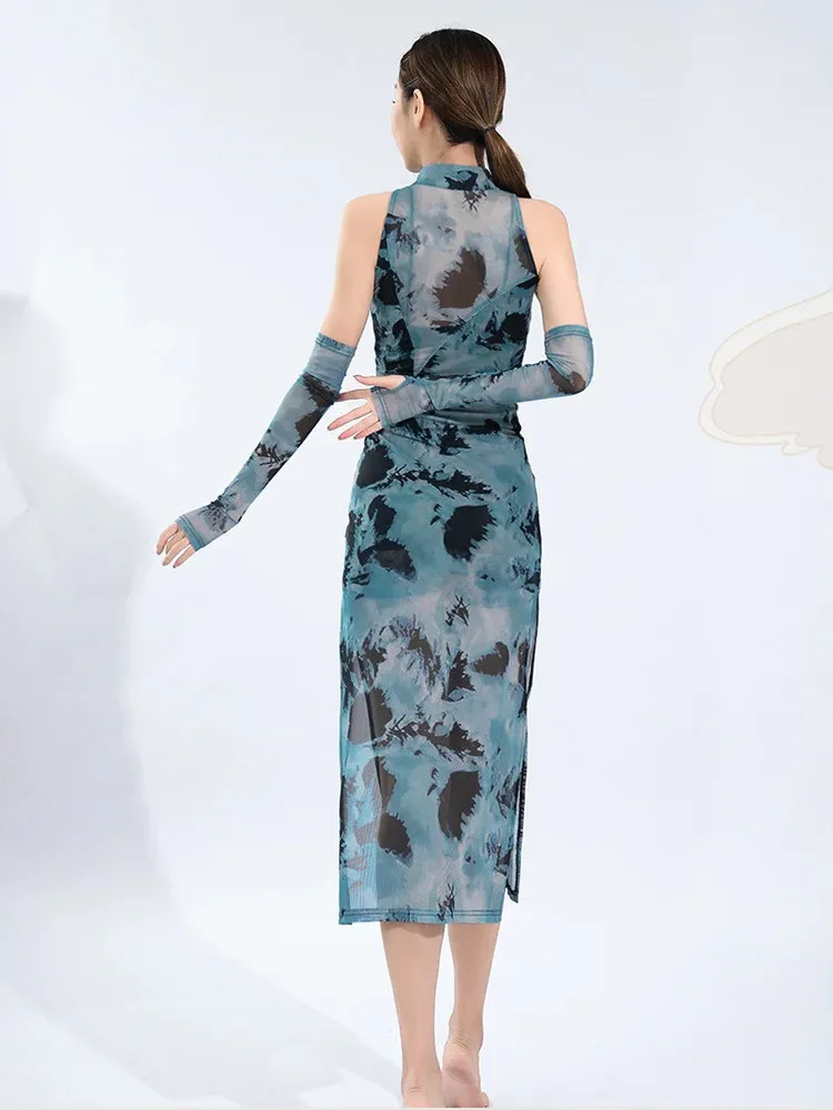 Costume de scène Kpop Slim Fit pour femmes, robe de danse classique, teinture par nouage, Sexy, Samba Latin, col montant, Cheongsam fendu pour adultes