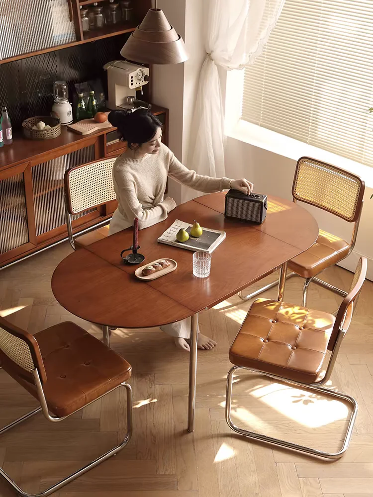 Mesa de comedor plegable de madera de cerezo, mesa de comedor medieval de madera maciza y silla, mesa retráctil ovalada combinada