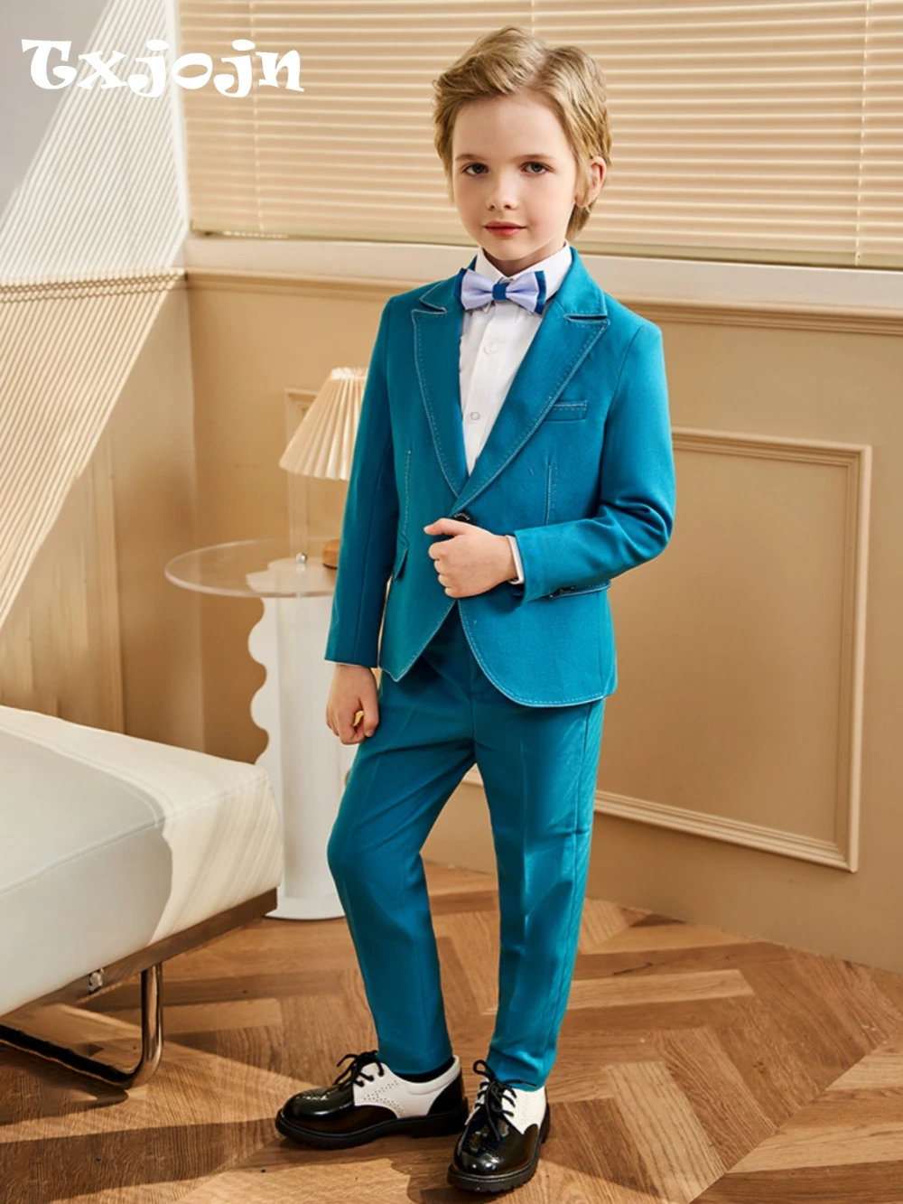

Txjojn Fashionable Blue Children's Suit Set 5 Pieces Photography Outfit Notched Lapel Kids Tuxedo Banquet Party Wear Plus Size